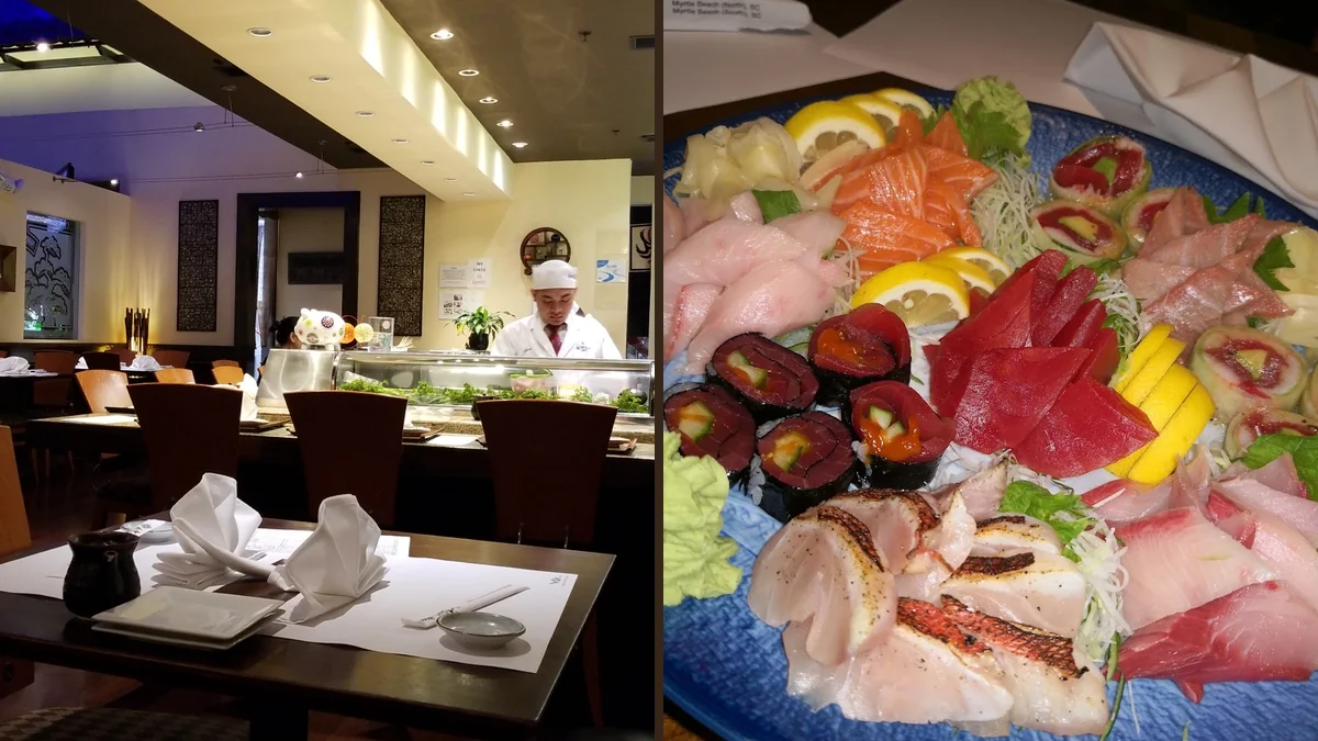 Sushi bar seating inside a casual restaurant.