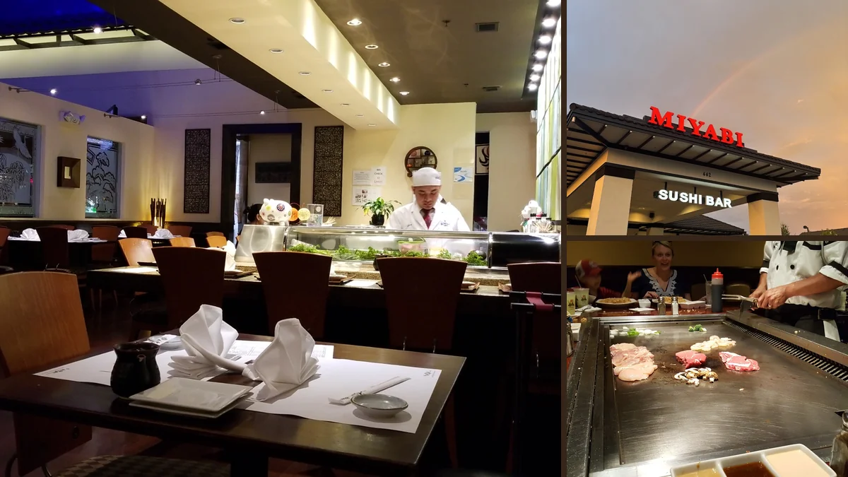 Sushi bar seating inside a casual restaurant.
