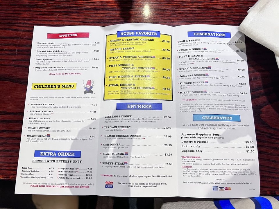 Menu page with hibachi and sushi selections.